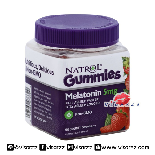Natrol Gummies Melatonin 5mg Strawberry เมลาโทนิน ชนิดเยลลี่รสสตรอเบอรี่ ทานง่าย ช่วยให้เราหลับสนิท หลับสบายในเวลากลางคืน เหมาะสำหรับผู้มีปัญหานอนไม่หลับ นอนหลับยาก หรือผู้มีอาการ Jet lag จากการเดินทาง