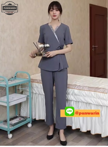 ชุดพนักงานนวดสปา ชุดพนักงานเสริมสวย ชุดทำงาน ชุดสูท S6701002 เทา S-5XL