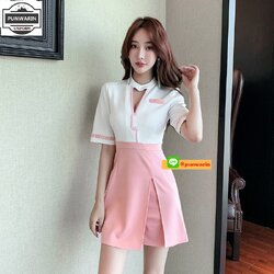 ชุดพนักงานนวดสปา ชุดพนักงานเสริมสวย ชุดทำงาน ชุดฟอร์มพนักงานคลีนิคความงาม S6602001 น้ำเงิน ดำ ชมพู S-3XL