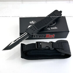 มีดสปริงตรง Microtech ขนาดกลาง ใบ Tanto คมด้านเดียว กึ่งหยัก Combat Troodon 00556 D/E Automatic Knife Camping Tool