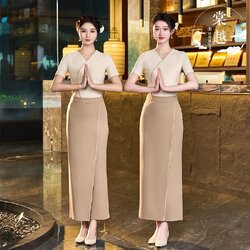 ชุดพนักงานนวดสปา ชุดพนักงานเสริมสวย ชุดทำงาน ชุดสูท ชุดพนักงานคลินิค S6708012 สีภาพ S-4XL