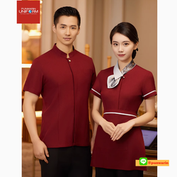 เครื่องแบบชุดฟอร์มพนักงานร้านอาหารกาแฟโรงแรม ชุดพนักงานต้อนรับ แขนสั้นกระดุมหน้า แต่งโบว์ไทด์ดูดีมีระดับ F6804003 แดง ดำ ม่วง M-5XL