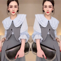 เดรสceoหวานคอบัวกระโปรงยาวบานสีดำและเทา W6506004 เทา ดำ L,XL ,XXL ,3XL