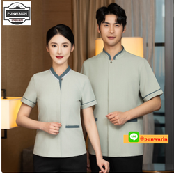 เสื้อพนักงานทำความสะอาด เสื้อแม่บ้าน เสื้อพ่อบ้าน เบลล์ ชุดพนักงานโรงแรม SKU-03269 เทา ฟ้า L-5XL