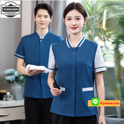 เสื้อพนักงานทำความสะอาด เสื้อแม่บ้าน เสื้อพ่อบ้าน เบลล์ ชุดพนักงานโรงแรม SKU-03268 เทา ฟ้า L-6XL