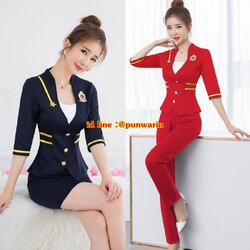 ชุดพนักงานไนท์คลับ,แอร์โอสเตส,ต้อนรับ,ชุดพนักงานโรงหนัง,ชุดพนักงานโรงละคร ร้านขายทอง เสริมความงาม N6211006 กรมท่า แดง เขียว SM L XL XXL 3XL