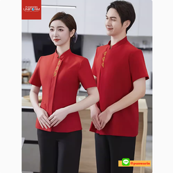 เครื่องแบบชุดฟอร์มพนักงานร้านอาหารกาแฟโรงแรม ชุดพนักงานต้อนรับ แขนสั้นกระดุมหน้า แต่งโบว์ไทด์ดูดีมีระดับ F6804004 แดง ดำ M-5XL