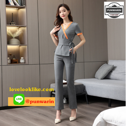 ชุดพนักงานนวดสปา ชุดพนักงานเสริมสวย ชุดสปาชุดนวดหญิง สีเทา SKU-03285 เทา S-3XL