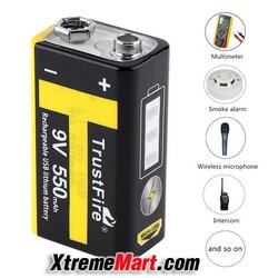 แบตเตอรี่ชาร์จ TrustFire 9V 550mAh Rechargeable USB Lithium Battery with Safety Relief Valve and LED Indicator(ก้อนละ)