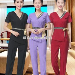 ชุดพนักงานนวดสปา ชุดพนักงานเสริมสวย ชุดทำงาน ชุดสูท แขนสั้น S6102007 ม่วง ดำ แดง S-3XL