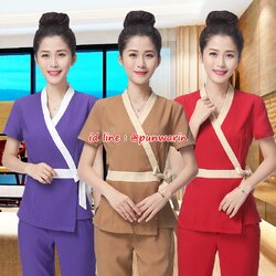 ชุดพนักงานนวดสปา ชุดพนักงานเสริมสวย ชุดทำงาน ชุดสูท ชุดฟอร์มพนักงาน คัทติ้งไทย S6111003 แดง น้ำตาลอ่อน S-3XL
