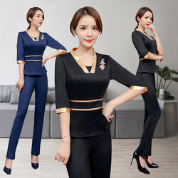 S6203007 ชุดพนักงานนวดสปา ชุดพนักงานเสริมสวย ชุดทำงาน ชุดสูท S6203007 สีดำ สีน้ำเงิน S-3XL