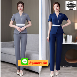 ชุดพนักงานนวดสปา ชุดพนักงานเสริมสวย ชุดทำงาน ชุดสูท SKU-01419 เทา น้ำเงิน S-3XL