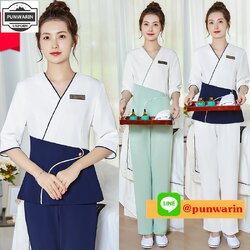 ชุดพนักงานนวดสปา ชุดพนักงานเสริมสวย ชุดทำงาน ชุดฟอร์มพนักงานคลีนิคความงาม S6511007 ดำ เขียว กรม S-3XL