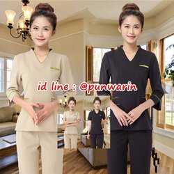 S6105002 ชุดพนักงานนวดสปา ชุดพนักงานเสริมสวย ชุดทำงาน ชุดสูท S6105002 ดำ,น้ำตาลอ่อน S-4XL