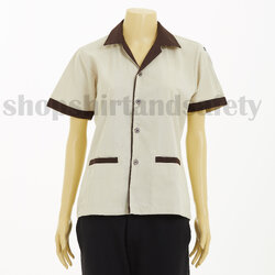 เสื้อแม่บ้านแขนสั้นคอฮาวายแบบสีครีมปกน้ำตาล