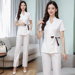 ชุดพนักงานนวดสปา ชุดพนักงานเสริมสวย ชุดสปาชุดนวดหญิง S6205009 สีภาพ S-3XL