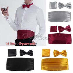 Wide Cummerbund Belt + เนคไทโบว์และผ้าเช็ดหน้าสำหรับผู้ชาย KU6212001 ขาว ดำ แดง เหลือง ONE SIZE