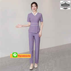 ชุดพนักงานนวดสปา ชุดพนักงานเสริมสวย ชุดทำงาน เดรสคลีนิคความงาม SKU-01648 ม่วง S-3XL