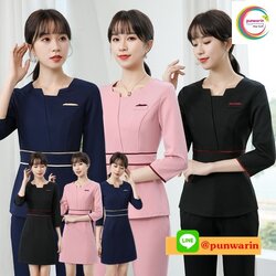 ชุดพนักงานคลีนิคความงาม พนักงานต้อนรับ ชุดเสริมความงาม S6503026 ชมพู ม่วง ดำ S-3XL