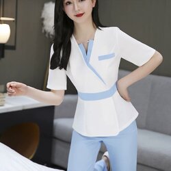 ชุดพนักงานนวดสปา ชุดพนักงานเสริมสวย ชุดทำงาน ชุดสูท ชุดพนักงานคลินิค S6708025 สีภาพ S-4XL