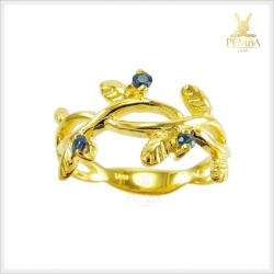 แหวนไพลิน พลอยกาญแท้ เงินแท้925 ชุบทอง ดีไซน์รูปใบมะกอกสุดเก๋ แหวนพลอยแท้