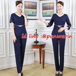 ชุดพนักงานนวดสปา ชุดพนักงานเสริมสวย ชุดทำงาน เดรสคลีนิคความงาม S6301003 สีกรมท่า S-4XL