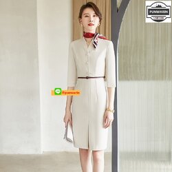 ชุดพนักงานคลินิคความงาม ชุดพนักงานขายเครื่องสำอางค์ ชุดพีอาร์ ชุดพนักงานต้อนรับ ชุดพนักงานออฟฟิค ชุดแอร์โอสเตส NL6603010 แอปปิคอท(เบจ) S-3XL