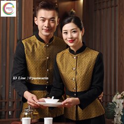 เสื้อพนักงานเสริฟเสื้อพนักงานโรงแรม รีสอร์ท F631010 แดง ทองม่วง L-4XL