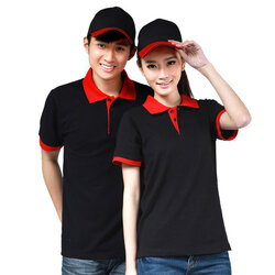 P6012015 เสื้อฟอร์มพนักงาน เสื้อยืดปกโปโล เสื้อโปโลสีดำสลับแดง P6012015