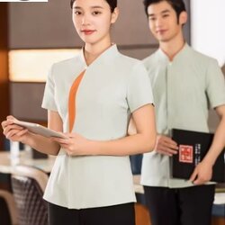 ชุดพนักงานภัตตาคารร้านอาหารจีนโรงน้ำชาญี่ปุ่นเกาหลี แขนสั้น FC6701003 น้ำเงิน แดง เขียวอ่อน L -4XL