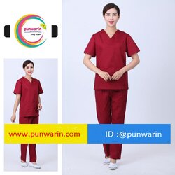 ชุดฟอร์มพนักงานสำเร็จรูป ชุดหมอผ่าตัด ชุดพยาบาลห้องผ่าตัด เอวยางยืด TK6303004 แดง S-3XL