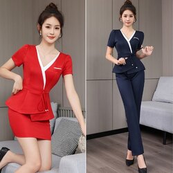 ชุดพนักงานนวดสปา ชุดพนักงานเสริมสวย ชุดทำงาน ชุดไนท์คลับ แช่เท้า S6701004 เทา แดง ดำ S-3XL