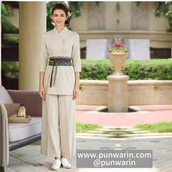 ชุดพนักงานนวดสปา ชุดพนักงานเสริมสวย ชุดสปา ชุดนวดหญิง สีเบจ SKU-03281 สีภาพ S-3XL