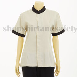 เสื้อแม่บ้านแขนสั้นคอจีนแบบสีครีมกุ้นดำ