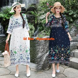 เดรสโมฮีเมียนแต่งงานเย็บปักถักร้อย สำหรับผู้หญิงวัยกลางคน ีUM621107 ขาว กรมท่า M-2XL