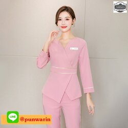 ชุดพนักงานนวดสปา ชุดพนักงานเสริมสวย ชุดเดรสทำงาน ชุดพนักงานคลีนิคความงาม S6509003 ดำ ชมพู เทา S-3XL