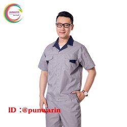 ชุดฟอร์มพนักงานช่างวิศวกรรม ช่างไฟฟ้า ช่างประปา ช่างยนตร์ ช่างกลโรงงานเนื้อบางฤดูร้อนสีเทาแขนสั้น M6402001 สีภาพ S-3XL