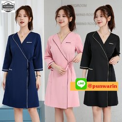 ชุดพนักงานนวดสปา ชุดพนักงานเสริมสวย ชุดทำงาน ชุดฟอร์มพนักงานคลีนิคความงาม S6511012 ชมพู กรม S-4XL