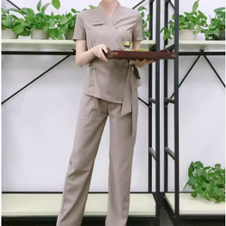 ชุดพนักงานนวดสปา ชุดพนักงานเสริมสวยสปาเท้าชุดฟอร์มพนักงานสปาเล็บ S6705002 น้ำตาล ขาว S-3XL