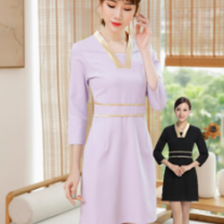 ชุดพนักงานนวดสปา ชุดพนักงานเสริมสวย ชุดพีอาร์ พนักงานต้อนรับ SKU-00670 ม่วง ดำ S-3XL