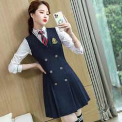 ชุดคุณครูอนุบาล ช่างเสริมความงาม ฝ่ายขาย เครื่องสำอางค์ ชุดทำงานผู้ดูแลบ้านในคฤหาสน์ U6705003 น้ำเงิน เทา ดำ S-4XL