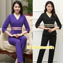 ชุดพนักงานนวดสปา ชุดพนักงานเสริมสวย ชุดทำงาน ชุดสูท S6106004 ดำ ม่วง S-3XL