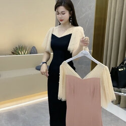 ลุคceoเดรสแฟชั่นไตล์ตะวันตก แต่งลูกปัดหวานมีสไตล์ไม่ซ้ำใคร W6506008 ดำ ชมพู L,XL ,XXL ,3XL