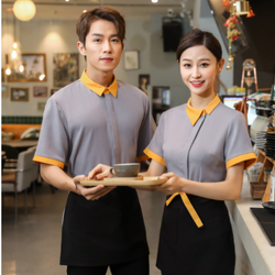 เสื้อฟอร์มพนักงานร้านอาหารกาแฟโรงแรม แขนสั้น F6705019 ดำ แดง เทา L-3XL