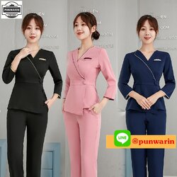 ชุดพนักงานนวดสปา ชุดพนักงานเสริมสวย ชุดทำงาน ชุดฟอร์มพนักงานคลีนิคความงาม S6511013 ชมพู กรม ดำ S-4XL