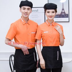 เสื้อฟอร์มพนักงานเสริฟร้านอาหารกาแฟโรงแรม แขนสั้นผ้าฝ้ายกระดุมหน้า F6212012 เขียว ดำ แดง ส้ม M-3XL