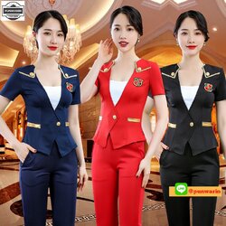 ชุดพนักงานไนท์คลับ,แอร์โอสเตส,ต้อนรับ,ชุดพนักงานโรงหนัง,ชุดพนักงานโรงละคร ร้านขายทอง เสริมความงาม N6604002 กรม แดง ดำ S-4XL