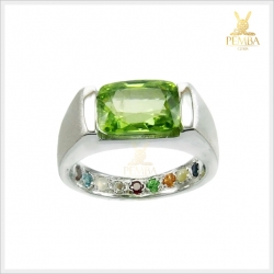 แหวนเพริดอต ฝังพลอยนพเก้า เงินแท้925 ชุบทองคำขาว แหวนพลอยแท้