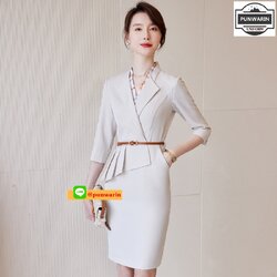 ชุดพนักงานคลินิคความงาม ชุดพนักงานขายเครื่องสำอางค์ ชุดพีอาร์ ชุดพนักงานต้อนรับ ชุดพนักงานออฟฟิค ชุดแอร์โอสเตส NL6603011 แอปปิคอท(เบจ),น้ำเงิน S-3XL